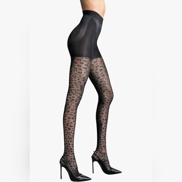 ⏭️NIB Black Leopard Print Premium Contour Shaping Nylon Tights Medium - Picture 2 of 6
